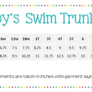 Puede incluir: Una tabla de tallas para ba&ntilde;adores titulada Boy's Swim Trunks, con tallas de 6M a 10. La tabla enumera las medidas de cintura y largo en pulgadas para cada talla, con una nota que indica que las medidas se tomaron con la prenda plana.