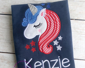 Patriotic Unicorn Shirt - Personalized 4th of July Shirt - Stars - Unicorn Face - Red White and Blue - Girls Shirt-Personalized Unicorn