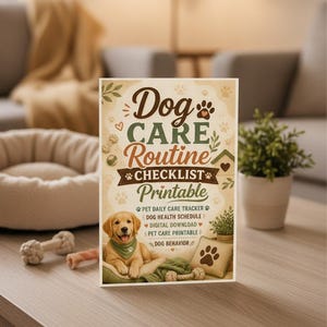 May include: A rectangular sign featuring the text Dog CARE Routine CHECKLIST Printable. It includes a golden retriever puppy illustration, paw prints, and text listing Pet Daily Care Tracker, Dog Health Schedule, Digital Download, and Dog Behavior.