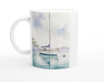 Mug en céramique Serenity Yacht au mouillage | Yacht Club | Style nautique aquarelle | Couleurs : Blanc