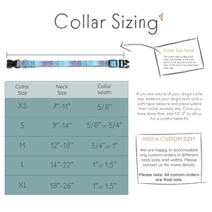 May include: A chart showing collar sizing for dogs. The chart includes the collar size, neck size, and collar width. The chart is in inches. The chart also includes a note about custom orders.