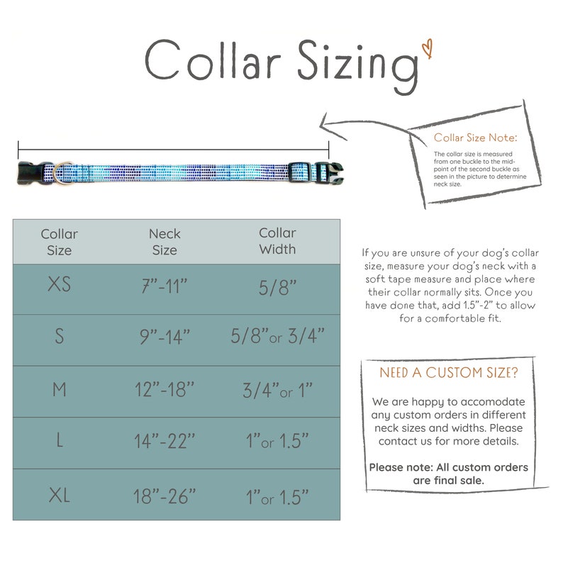 May include: A chart showing collar sizing for dogs. The chart includes the collar size, neck size, and collar width. The chart is in inches. The chart also includes a note about custom orders.