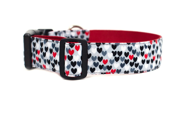 May include: A grey dog collar with a red, white, and black heart pattern. The collar has a black buckle and a red lining.