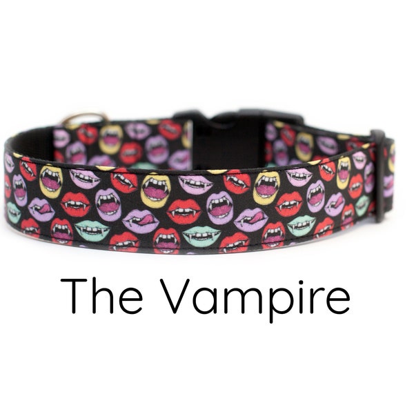 Vampire Dog Collar - Halloween Red, Yellow, Purple Wax Lips | Goth Pet Collar