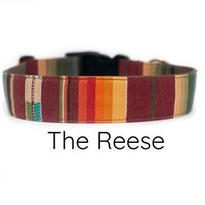 May include: A colorful dog collar with a striped pattern in shades of red, orange, green, and yellow. The collar has a black buckle and the text "The Reese" below it.