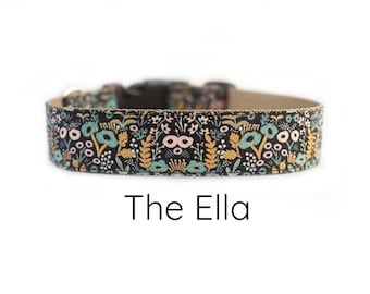 Floral Dog Collar - Mint Blue & Pink Flowers | Black Fabric with Metallic Gold Accents | Rifle Paper