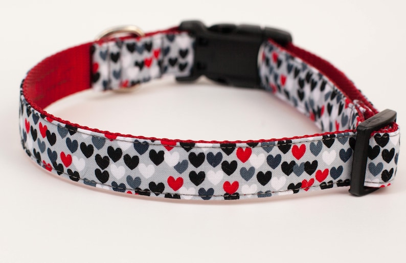 May include: A red and white dog collar with a black and gray heart pattern. The collar has a plastic buckle and a metal D-ring.