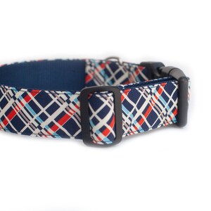 May include: A blue, red, and white plaid dog collar with a black buckle.