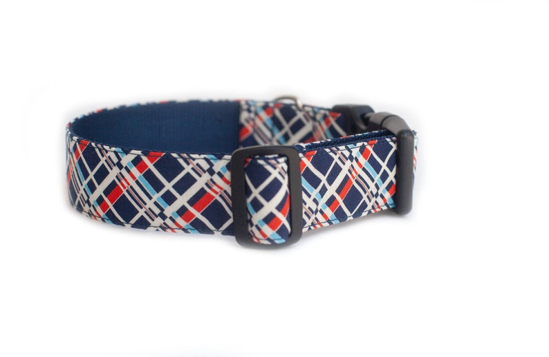 May include: A blue, red, and white plaid dog collar with a black buckle.