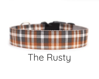 Gray plaid dog collar, dog collar, fall dog collar, boy dog collar, girl dog collar, orange dog collars, autumn dog collar, tartan plaid