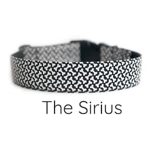 Può includere: Collare per cani bianco e nero con un motivo a osso. Il collare è etichettato "The Sirius".