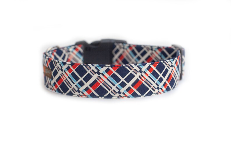 May include: A navy blue dog collar with a white, red, and blue plaid pattern.