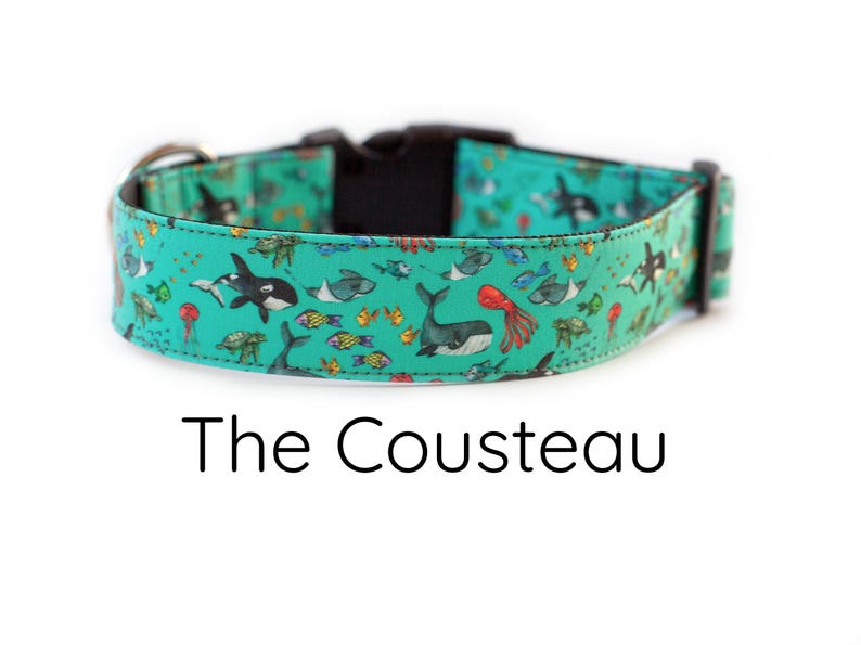 May include: A turquoise blue dog collar with a colorful print of various sea creatures, including whales, fish, and jellyfish. The text "The Cousteau" is printed below the collar.