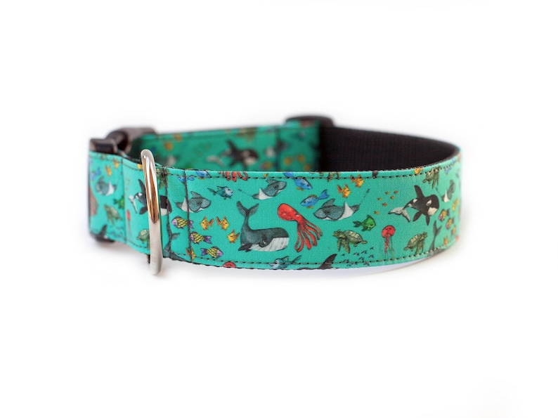 May include: A turquoise blue dog collar with a colorful print of various sea creatures, including fish, whales, and jellyfish.