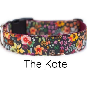 May include: A black dog collar with a floral print featuring a variety of colors, including pink, yellow, orange, and green. The collar has a burgundy trim and a black buckle. The text "The Kate" is printed below the collar.