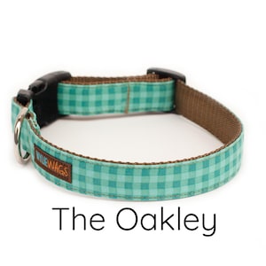 May include: A teal and brown dog collar with a gingham pattern and the text "WILE WAGS" on the side. The collar is called "The Oakley".