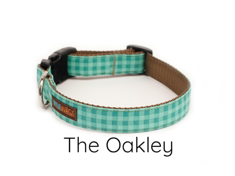 May include: A teal and brown dog collar with a gingham pattern and the text "WILE WAGS" on the side. The collar is called "The Oakley".