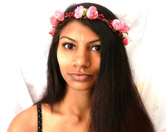 rose flower crown | hot pink floral wreath | bridesmaid hair accessory | wedding hairpiece | boho festival wear | hippie garland | flower