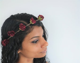 Red rose flower crown, rose floral garland, rose wedding hair accessories, red flower wreath, bridal headpiece, rose boho headband hairpiece