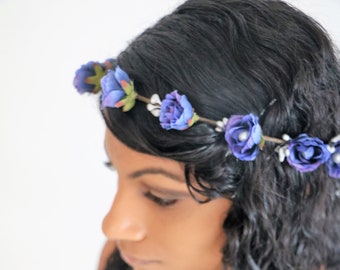 Purple Blue Rose Crown. Rose Headband, Flower Crown, Floral Crown, White Pearl, Silver Berries, Festival Flower Crown, Wedding Crown