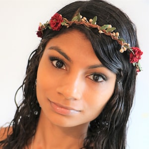 red rose tiara | gold berry wreath | burgundy crimson flower crown | green leaf hairpiece | golden headband | floral garland | woodland