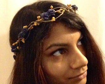 Blue rose flower crown | gold pip wreath | rose hairpiece | simple halo garland | blue gold wedding headband | boho festival headpiece