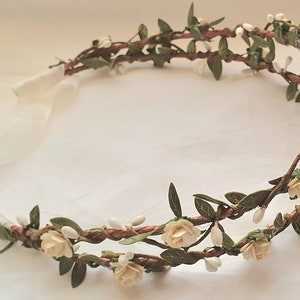white rose flower crown | berry and green leaf hair wreath | bridal headpiece | wedding hairpiece | boho headband | floral garland | hippie