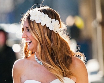 flower hair crown | white blossom hairpiece | delphinium ivory circlet | floral halo | bridal wedding hair accessories | flower hairpiece