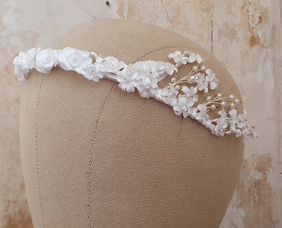 Vintage bridal crown, white floral hairpiece, wed… - image 6