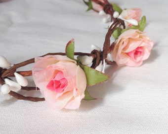 Woodland flower floral crown hair wreath (pink rose) - Wedding headpiece, headband, vintage inspired rose crown