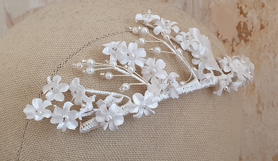 Vintage bridal crown, white floral hairpiece, wed… - image 9