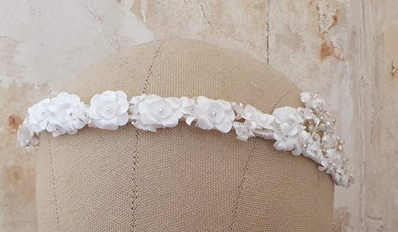 Vintage bridal crown, white floral hairpiece, wed… - image 7