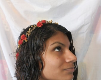 Red gold rose hair crown, simple boho hair wreath, wedding headband, bridal halo, woodland wedding hairpiece, red gold flower crown, halo