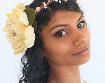 cream flower crown, large oversized floral wreath, boho hairpiece, summer festival headband, woodland crown, Yellow cream fascinator halo