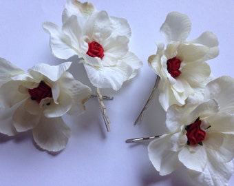 white flower hair clips | red rose floral hair slides | blossom wedding pins | delphinium grips | bridal hair accessories | woodland pins