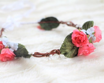 Pink Rose, blue vintage floral hairpiece, Wedding headband, Rose hair crown, Floral woodland bridal crown, bridal wreath, Rose hair tiara