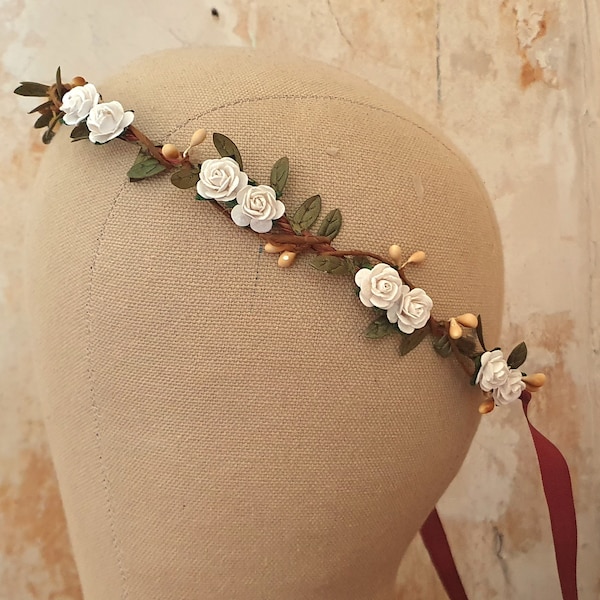 golden white rose flower crown | cream pip berry wreath | green leaf garland | golden boho hairpiece | boho bridal wreath | wedding headband