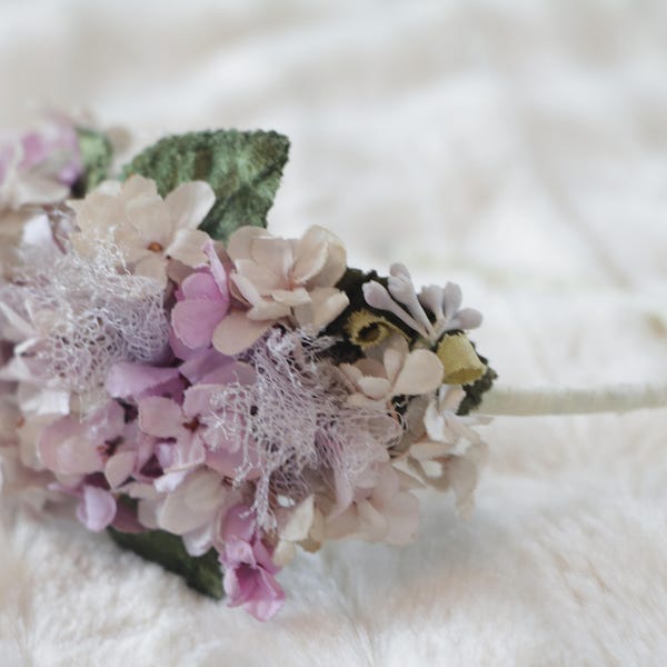 purple flower crown | genuine vintage floral fascinator | lilac cream hair piece with pip berries and veil netting | boho headband | bridal