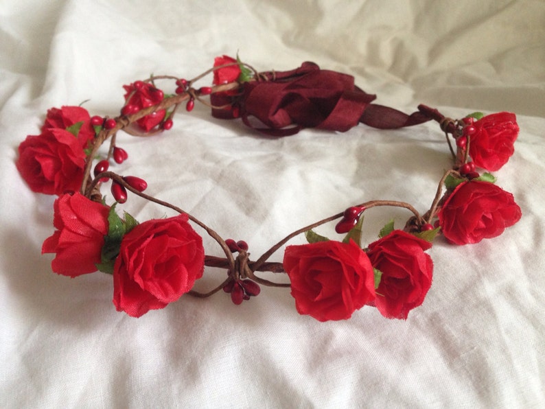 Red Rose Flower Crown, Rose Floral Hair Wreath, Rose Bridal Hairpiece