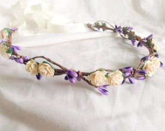 cream bridal crown | purple berry hair wreath | white plum garland | bridesmaid headband | simple boho hairpiece | wedding flower girl