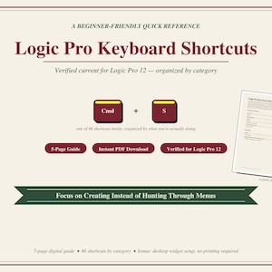 May include: A digital reference guide titled Logic Pro Keyboard Shortcuts, featuring a 5-page PDF layout, dark red command key icons, and a green banner with the text Focus on Creating Instead of Hunting Through Menus on a cream background.