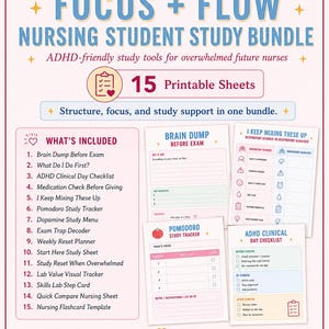 Op de afbeelding: Een studiepakket voor verpleegkundestudenten genaamd Focus + Flow Nursing Student Study Bundle. Het bevat 15 printbare vellen met ADHD-vriendelijke hulpmiddelen, waaronder checklists, trackers en planners in een lichtroze, blauw en wit kleurenschema.