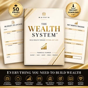 以下が含まれることがあります： 50ページのファイナンシャルプランナー「The Wealth System」。予算プランナーと純資産トラッカーが含まれています。表紙には「Build Wealth Through Systems, Not Luck」というテキストと、予算、貯蓄、投資、債務追跡のためのアイコンが記載されています。