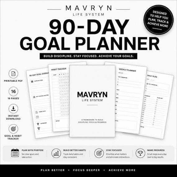 90-Day Goal Planner | Printable Digital Planner | Habit Tracker, Daily & Weekly Planner | Productivity Planner PDF | Instant Download