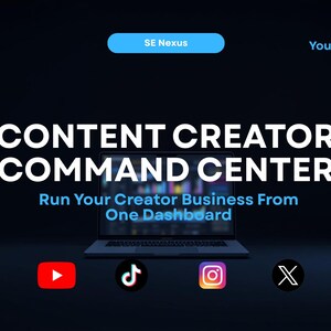 Peut inclure: Une interface de tableau de bord numérique intitulée Content Creator Command Center avec le texte Plan. Publish. Analyze. Monetize. et Run Your Creator Business From One Dashboard. L'affichage présente des icônes pour YouTube, TikTok, Instagram et X.