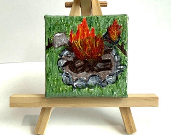 Miniature 2x2 original acrylic painting on stretched canvas (Comes with easel) Title:  "Camp Fire Song'