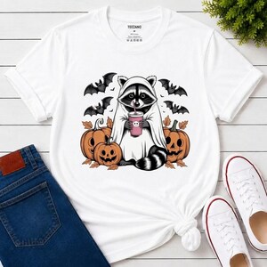 Raccoon Ghost Shirt, Funny Halloween Iced Coffee Tee, Spooky Autumn Jack-o-lantern Gift for Animal Lover, Fall Season Unisex T-Shirt