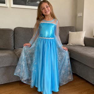 May include: A floor-length light blue dress featuring a sequined bodice, a sheer neckline, and long sheer sleeves. The skirt is made of a solid blue fabric with an overlay of sheer fabric decorated with silver glitter snowflake patterns.