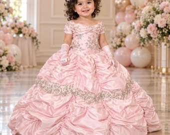 Retro Princess Flower Girl Dress, Beaded Lace Taffeta Gown, Vintage Pageant Dress