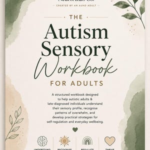 Peut inclure: Un livre à couverture souple intitulé The Autism Sensory Workbook for Adults par NeuroAtlas Co. La couverture présente des formes abstraites aquarellées en vert et beige, des illustrations botaniques et quatre icônes nommées Understand, Recognise, Regulate et Thrive.